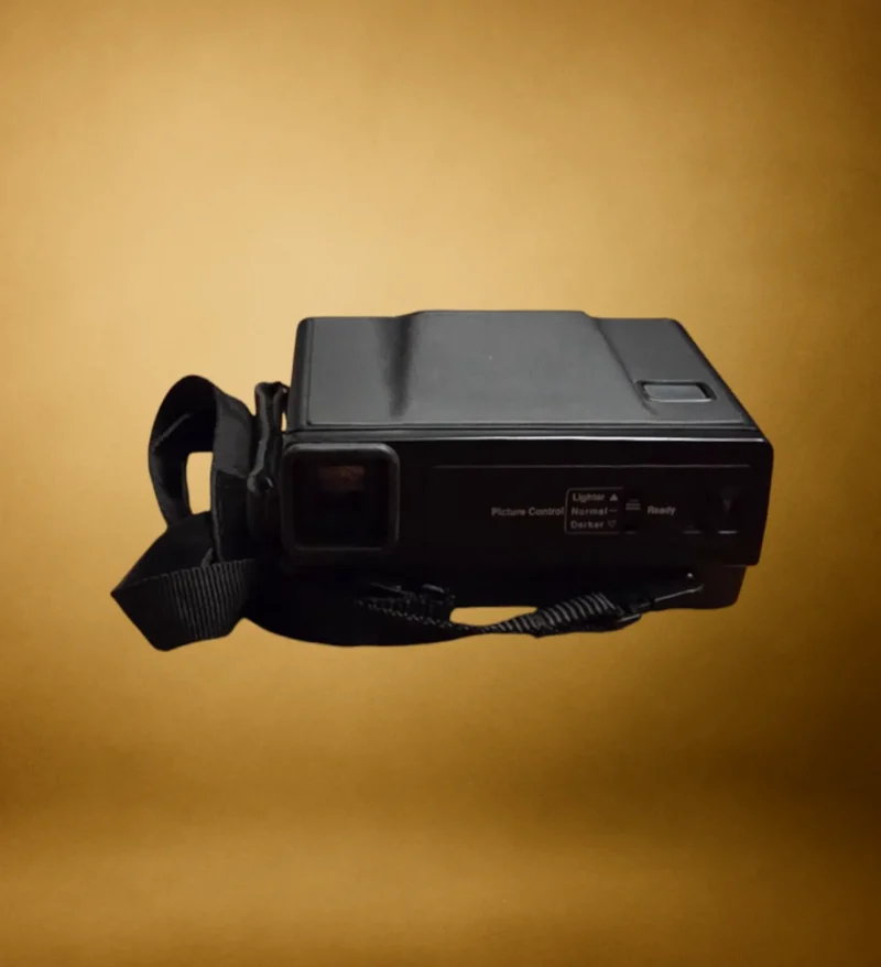 Detaljebillede af kontrolpanel og lukkerknap på Polaroid Image 2 – brugervenligt layout fra 1980’erne.