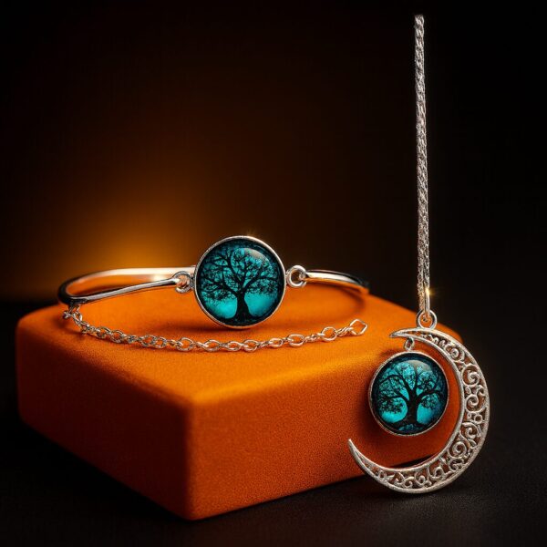 Turkis smykkesæt med måne og elegance