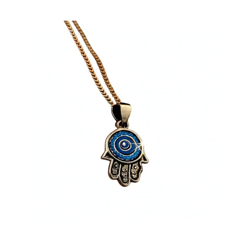 Hamsa-halskæde med blå øje-symbol-side