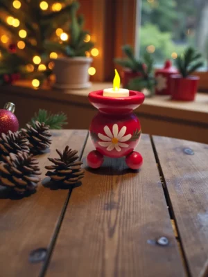 Par røde lysestager med blomstermotiv