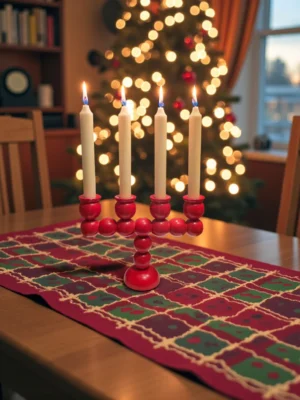 Gammel rød, drejet adventlysestage med 4 arme