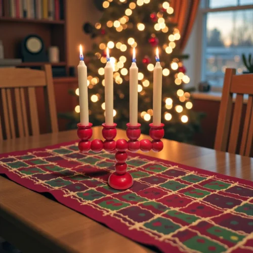 Gammel rød, drejet adventlysestage med 4 arme