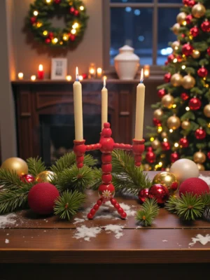 Retro rød trearmet pærelysestage