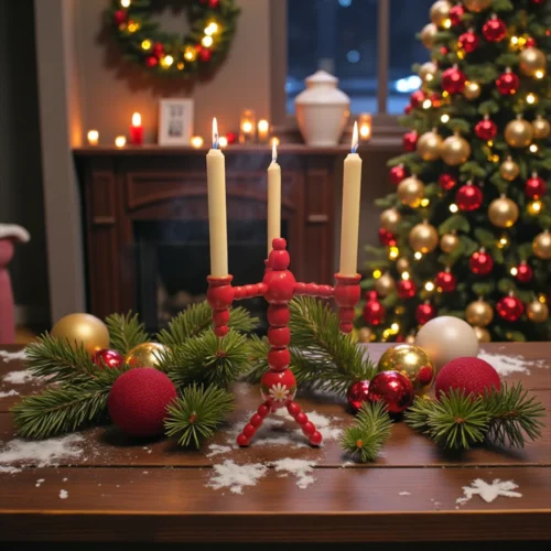 Retro rød trearmet pærelysestage