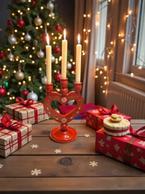 Svensk spolelysestage i rød lak – 3 Armede