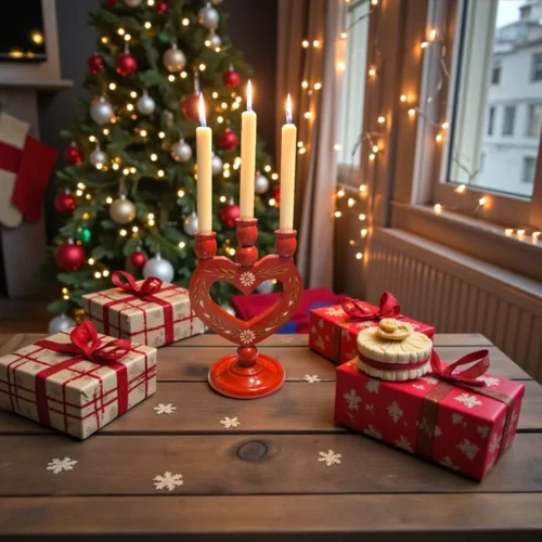 Svensk spolelysestage i rød lak – 3 Armede