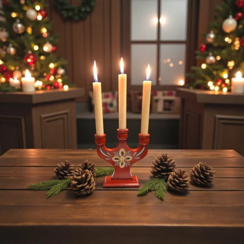 lysestage i rødbrun lak – blomster design