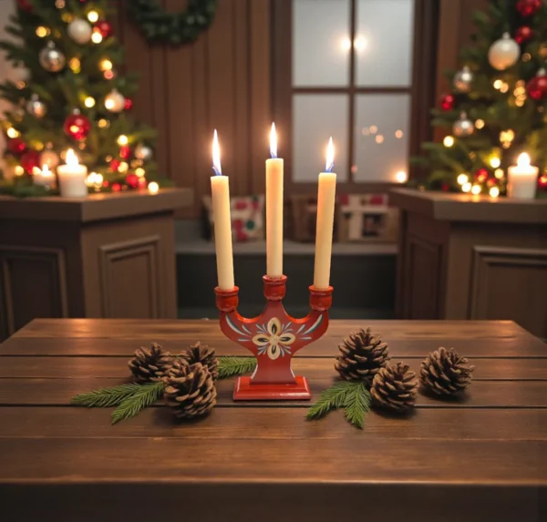 lysestage i rødbrun lak – blomster design