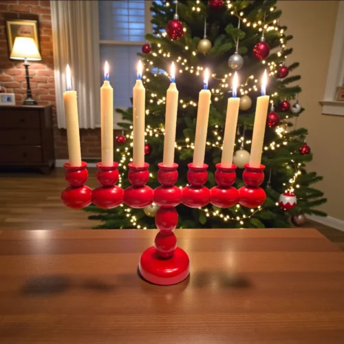 Svensk spolelysestage i rød lak – midcentury design