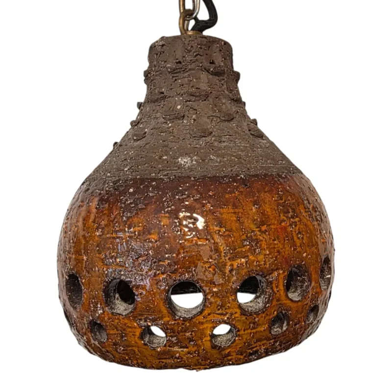 Vintage Keramik Pendel Lampe 70'er Lava - Brun med Huller - Retro Loftlampe