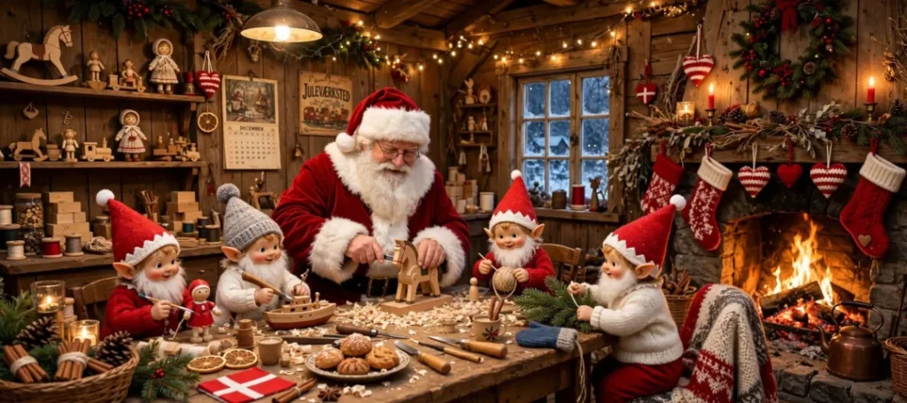 Julemanden laver julegaver sammen med sine nisser i hyggeligt juleværksted - Julemanden snitter træhest mens fire små nisser med røde huer maler dukker og bygger træskib ved arbejdsbord med pejs, julesokker og julehjerter i baggrunden