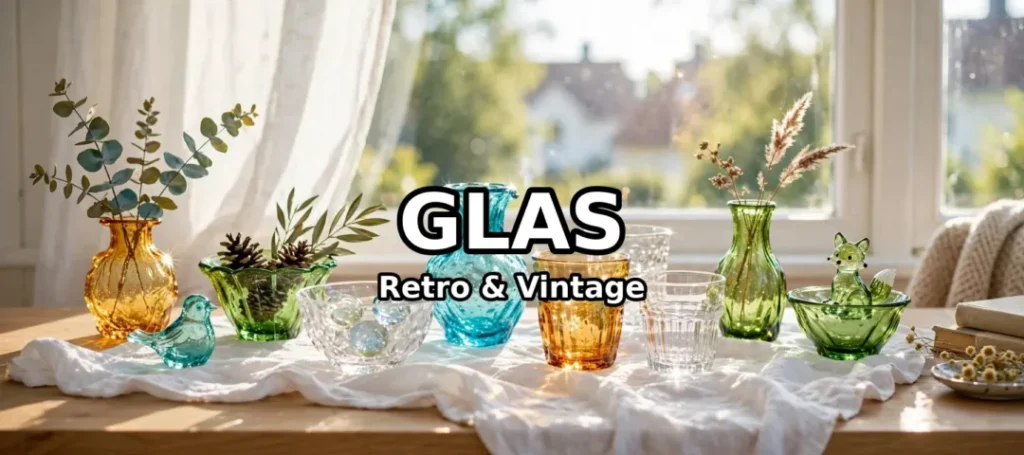 Vintage glas - farvede mundblæste glasvaser i rav, turkis og grøn, glasskåle med kogler og glaskugler, glasfigurer af fugl og ræv med eukalyptus og pampasgræs i sollys på træbord