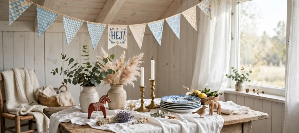Vintage borddekoration med stentøjsvaser med eukalyptus og pampas, messing lysestager, blå musselmalet tallerkner, dalahest og træfigurer - hyggelig skandinavisk dekoration i lyst sommerhus