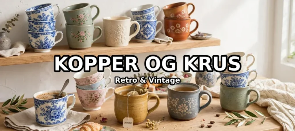 Vintage kopper og krus - blå og hvide musselmalet kaffekopper, grønne og brune stentøjskrus med blomster, lyserøde tekopper med roser, cremefarvet krus med relief på træhylde og bord med kaffe, te og croissanter