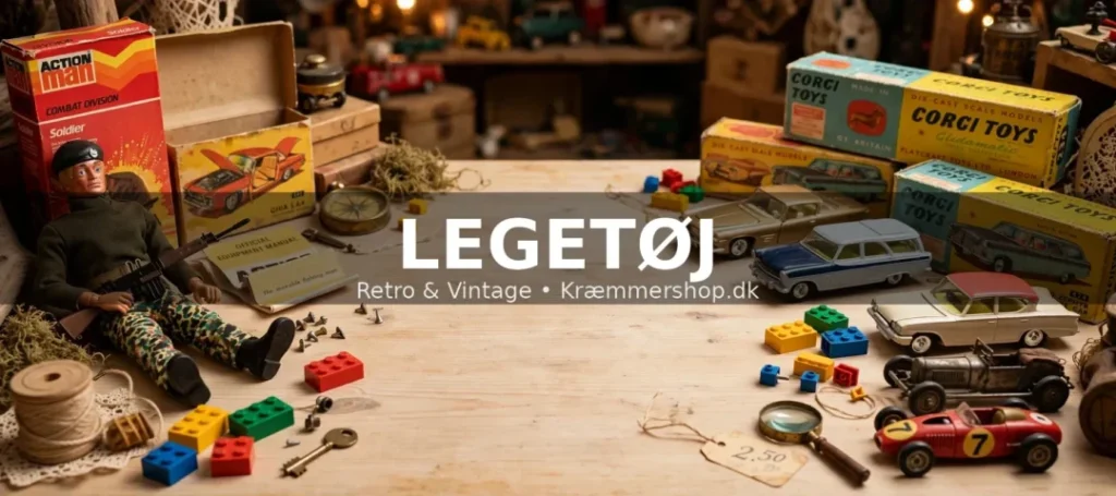 Retro legetøj - Action Man figur, Corgi Toys biler og Lego klodser - vintage samlerlegetøj hos kraemmershop.dk i Asnæs