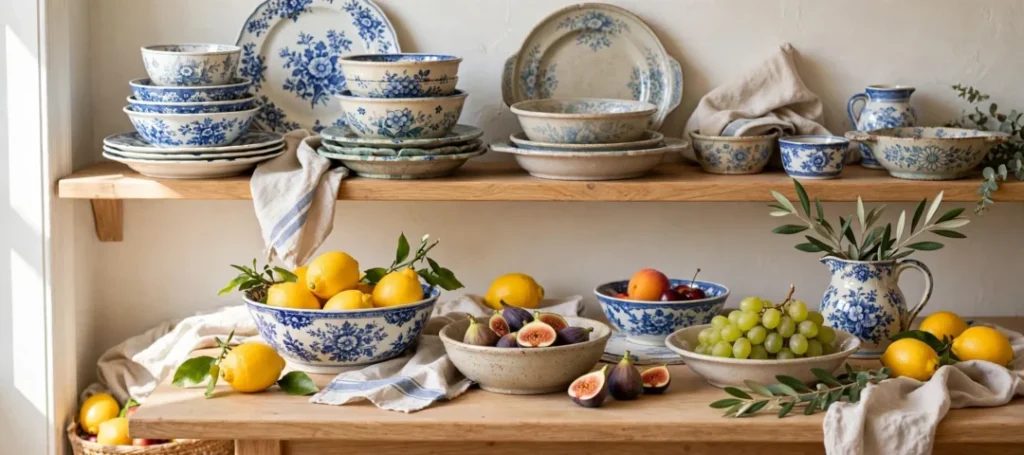 Vintage skåle og fade - blå og hvide musselmalet porcelænsskåle og fade stablet på træhylde, stentøjsskåle med citroner, figner, grønne druer, ferskner og kirsebær på træbord i sollys
