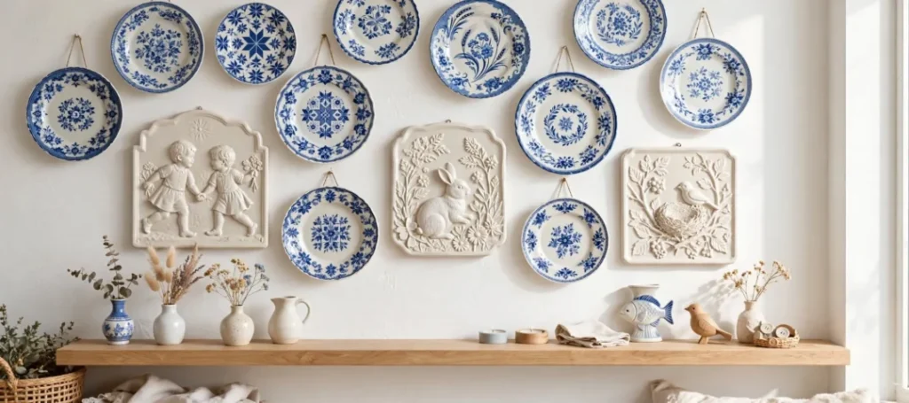 Vintage platter og relieffer - blå musselmalet vægplatter og hvide keramik relieffer med børn, hare og fugl i rede på hvid væg
