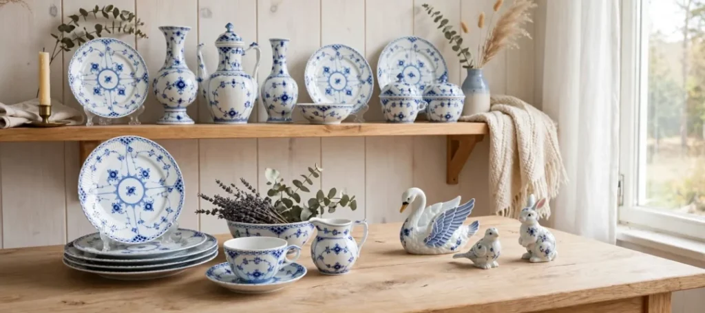 Vintage porcelæn - blå og hvid musselmalet porcelæn med tallerkner, vaser, kaffekande, sukkerskåle, tekop med underkop og porcelænsfigurer af svane, lille fugl og kanin på lyst træbord ved vindue