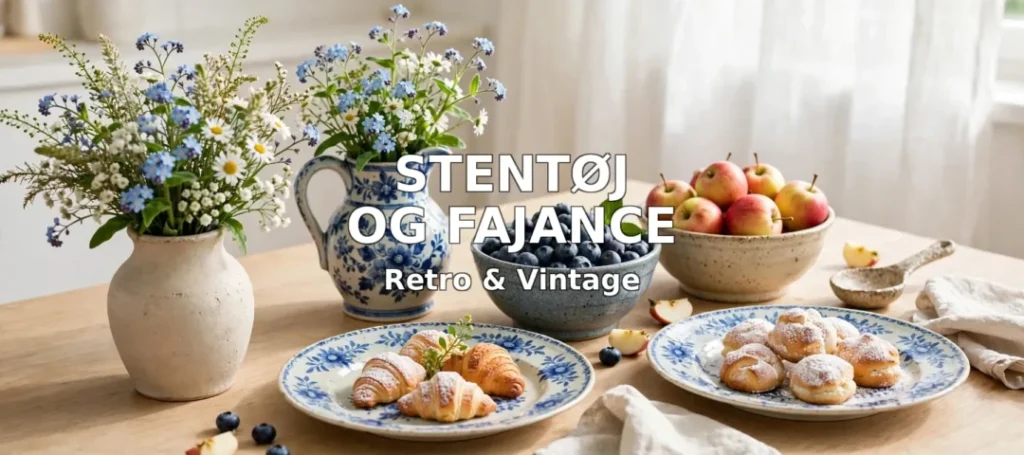 Stentøj og fajance i lyse farver - vaser med vilde blomster, skåle med blåbær og fajance tallerkner - vintage keramik fra Kraemmershop