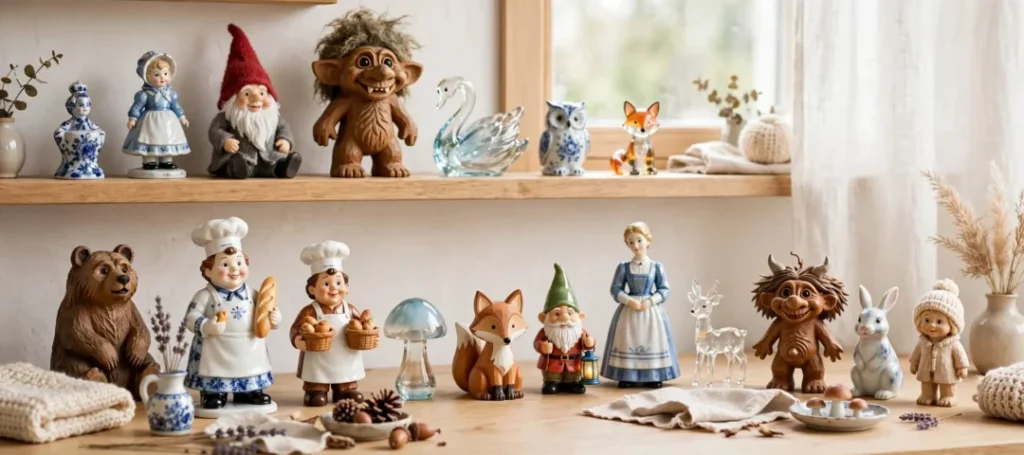 Håndskårne træfigurer - vintage bjørne, ugler og harer i træ på lyst bord ved vindue