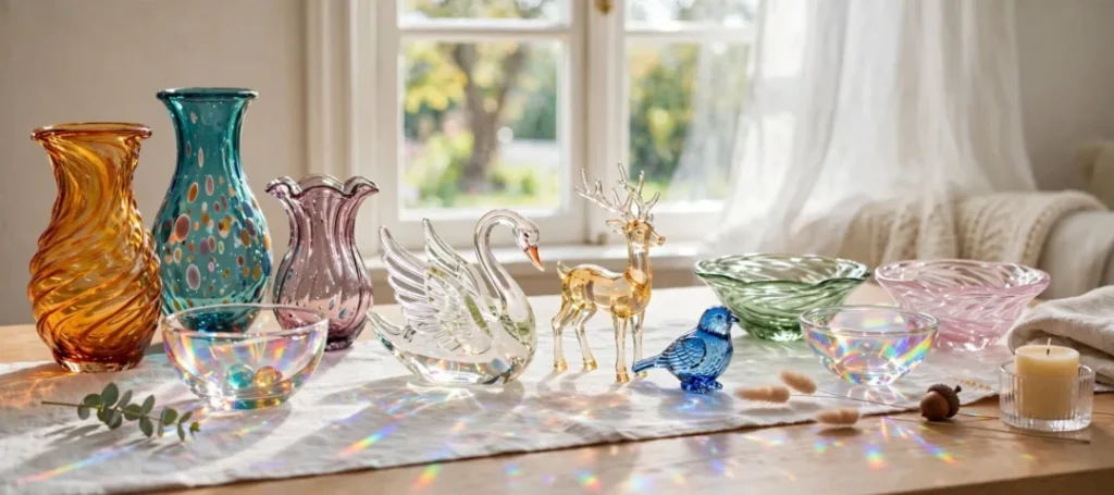 Vintage glaskunst med farvede vaser og glasfigurer - mundblæste vaser i rav og turkis, glassvane, glashjort og blå glasfugl på bord i sollys