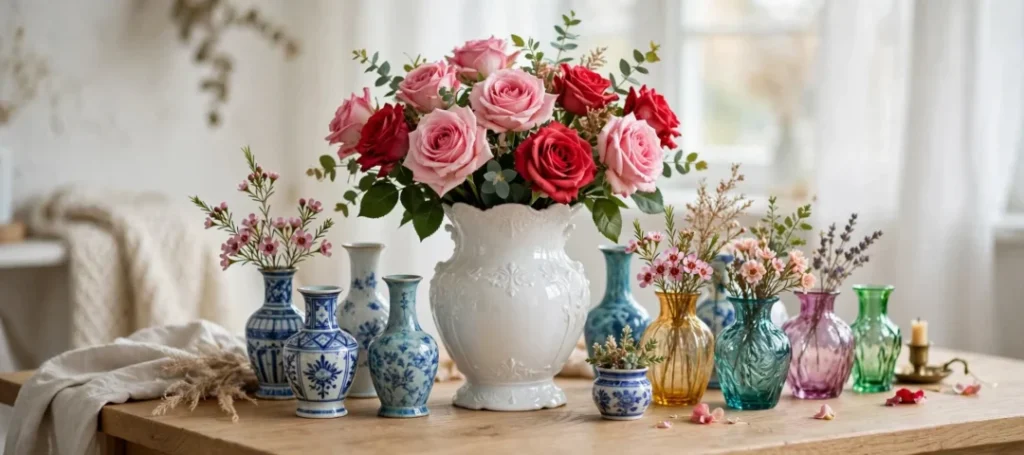 Vintage vaser i fajance og glas - stor hvid porcelænsvase med buket af lyserøde og røde roser i fokus, omgivet af blå og hvide musselmalet fajancevaser og farvede glasvaser i rav, turkis, lilla og grøn på lyst træbord i vindueslys